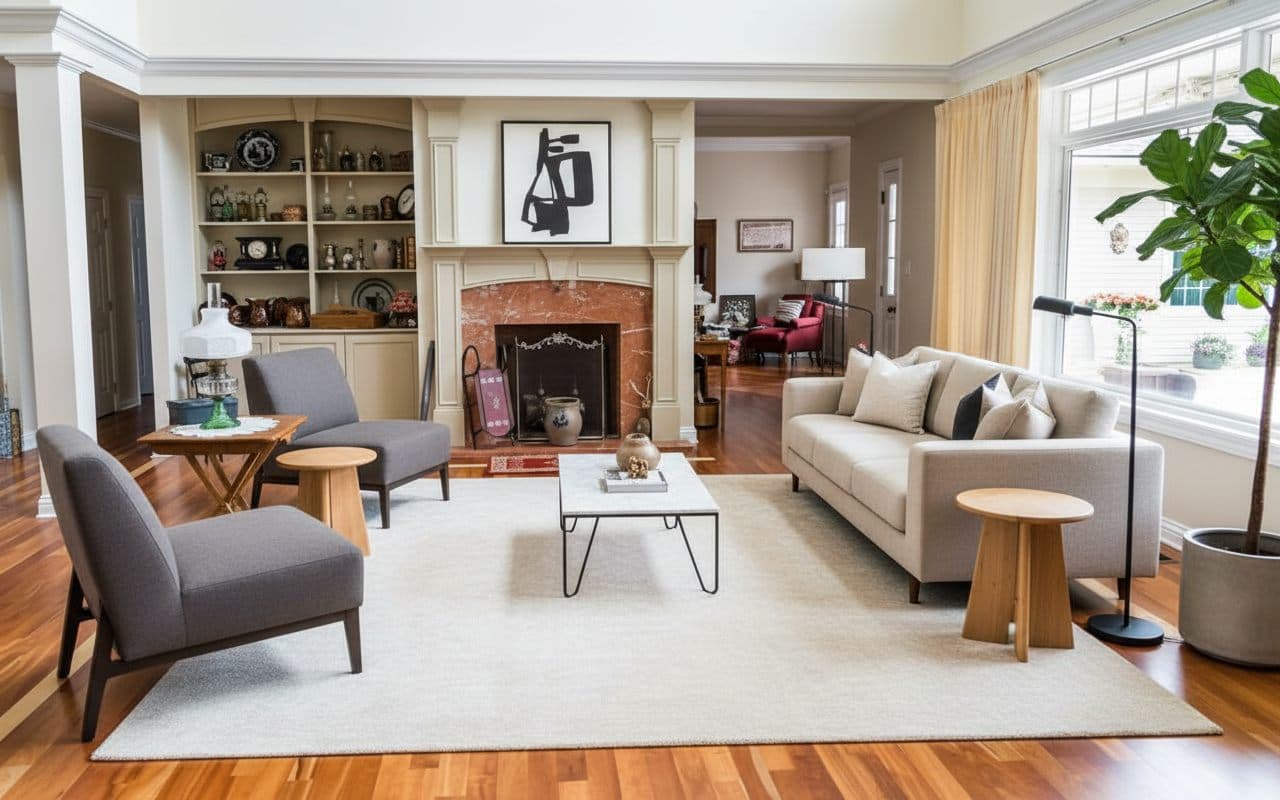 living room redesigned in modern minimalist style with Room Reveal
